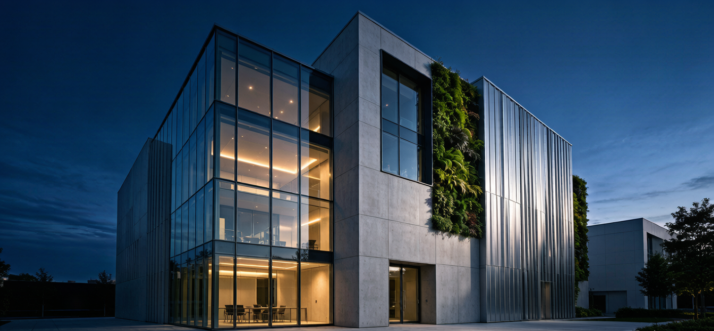 Modern sustainable architecture with advanced glass curtain wall and brushed metal cladding at twilight