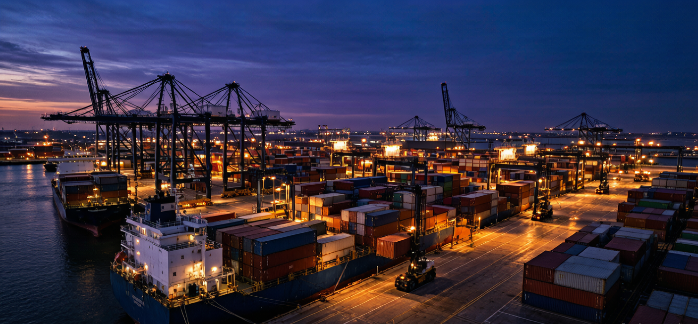 International container port at dusk with cargo ships and shipping containers showing global logistics scale